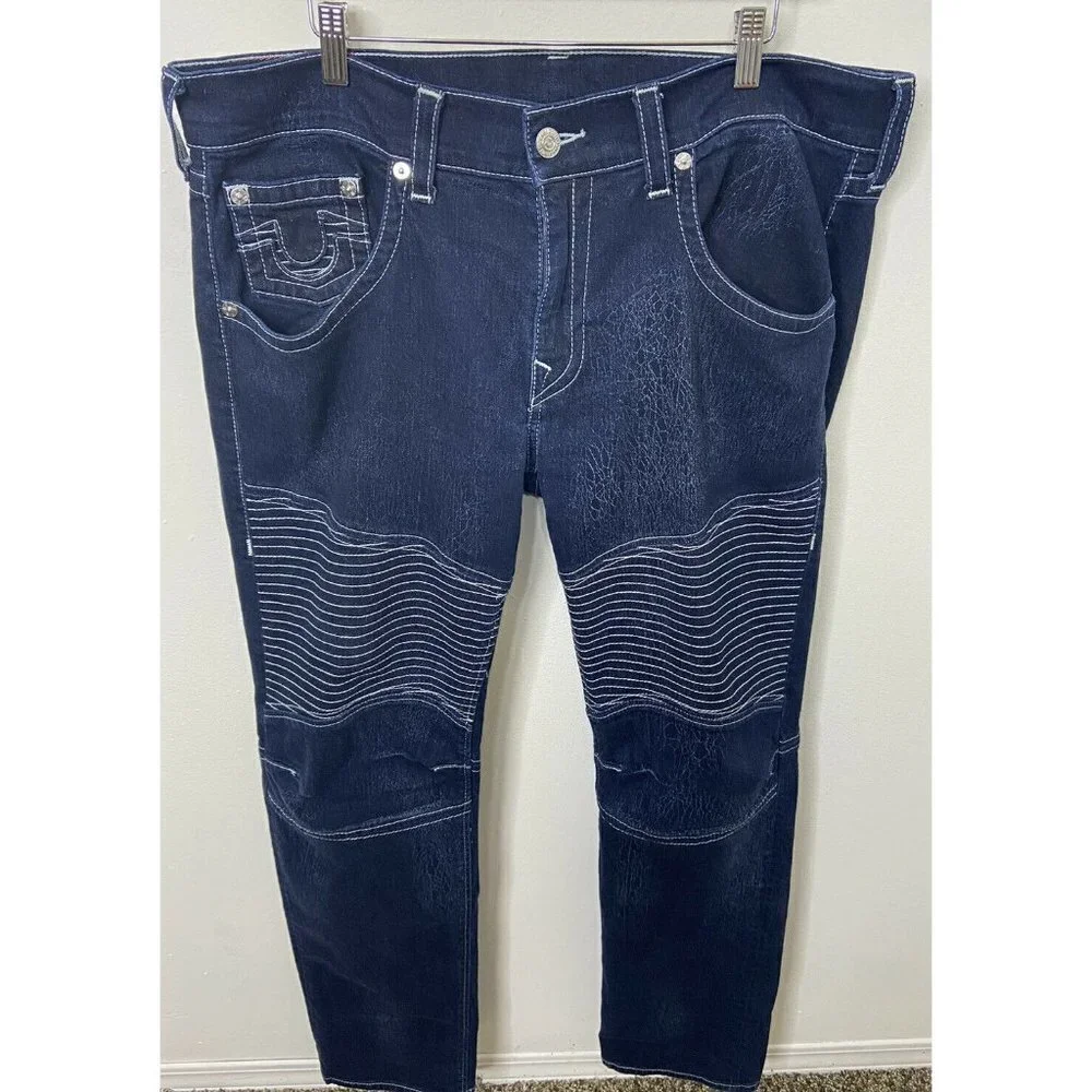 True Religion Men 38 Moto Skinny Run Stitch Denim‎
